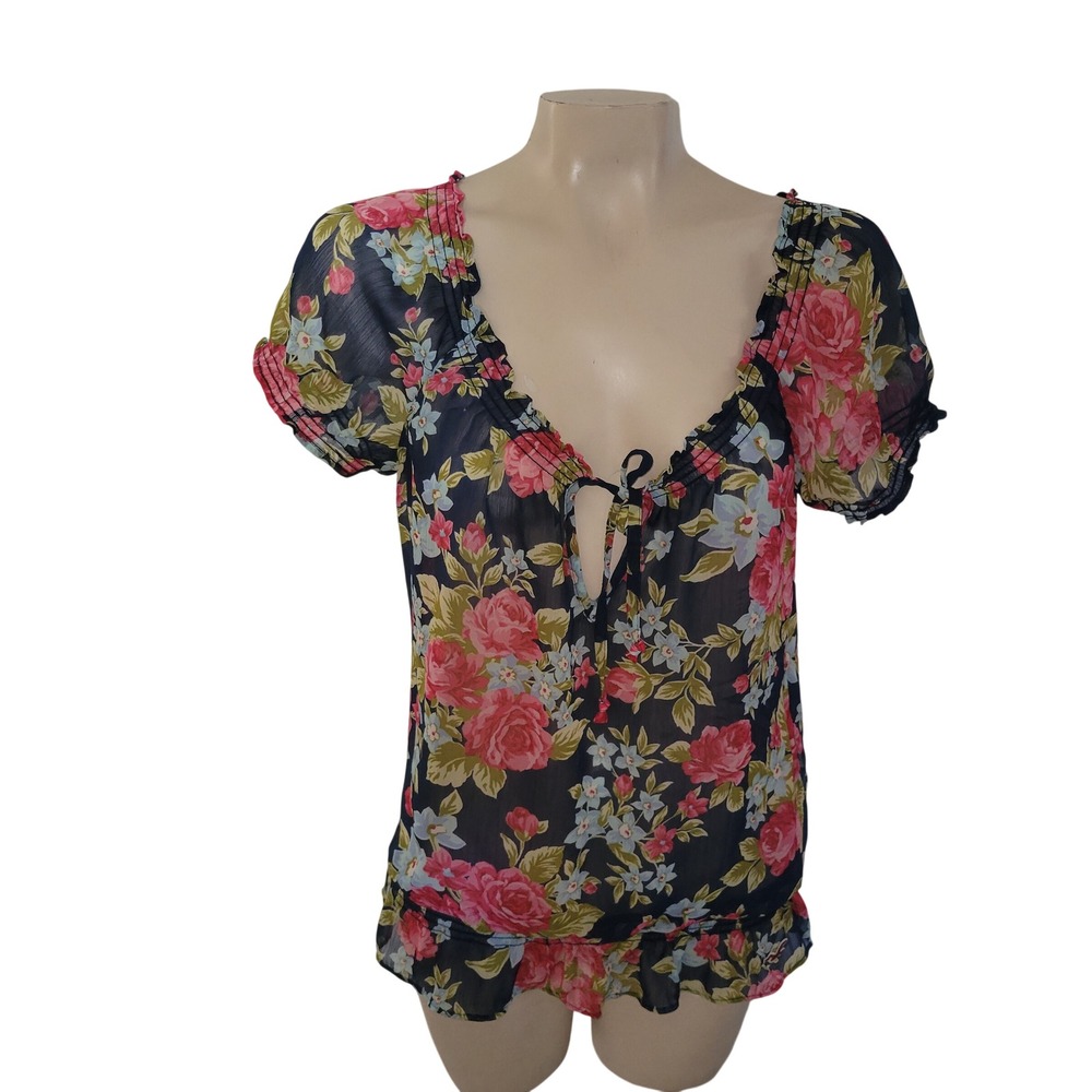 Hollister Floral Sheer Blouse Top Navy Blue Pink Blue Short Sleeve Tie Neck‎ L